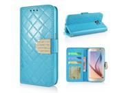 Bright Color Sheepskin Bling Rhinestone Decorated Leather Case Stand Cover with Card Holder for Samsung Galaxy S6 G920 Light Blue