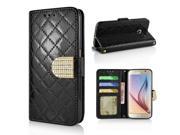 Bright Color Sheepskin Bling Rhinestone Decorated Leather Case Stand Cover with Card Holder for Samsung Galaxy S6 G920 Black