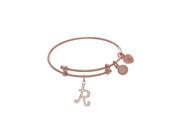 Angelica Pink Tone Brass CZ Initial R Tween Bangle Charm Bracelet 6 Inches Adjustable