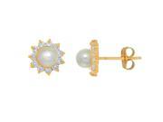 JewelStop 14K Solid Yellow Gold CZ Cultured Pearl Flower Post Stud Push Back Earrings 8mm