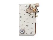 Moonmini Luxury Bling Rhinestone Crystal White PU Leather Folding Flip Case Cover Skin with Stand Function and Card Slots for iPhone 6 Plus 5.5 Inch Bear Pend
