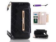 Samsung Galaxy S7 Bling Diamond PU Leather Flip Stand Lanyard Case Cover with Wallet and Card Slots Black