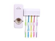White Automatic Toothpaste Dispenser 5 Toothbrush Holder Set Wall Mount Stand