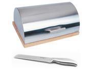 Stainless Steel Bread Bin with Wooden Base and 8 Bread Knife