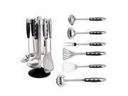 Stainless Steel Soft Grip Kitchen Utensils with Hollow Handles and Revolving Rack 7 Piece Set