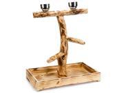 Natural Wood Bird Tree Perch with 2 Stainless Steel Cups and Uneven Surface