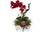 Nearly Natural 1418 RD Seasonal Orchid Succulent Garden With White Wash Planter Red