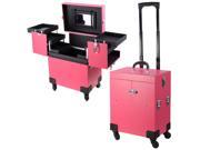 Pink 4 Rolling Wheel 14x9x17 PVC Artist Makeup Cosmetic Train Case Lockable Box