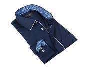 Coogi Men s Solid Navy Shirt with Floral Design in Collar 100% Cotton