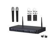 Wireless Microphone System UHF Quad Channel Fixed Frequency 2 Handheld Microphones 2 Body Pack Transmitters 2 Headset 2 Lavalier Mics Rack Mountable
