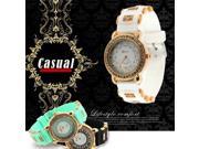 Bling Crystal Golden Women Girl Ladies Quartz Silicone Wrist Watch Strap