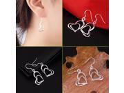 Women Silver Plated Double Love Heart Dangle Earrings Charm Jewelry