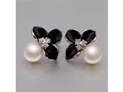 Women Ladies Black Flower Simulated Pearl Alloy Plated Ear Studs Earrings