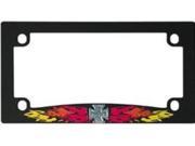 Cross w Red Flames Motorcycle License Plate Frame Free Screw Caps with this Frame