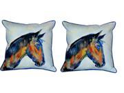 Pair of Betsy Drake Blue Horse Large Indoor Outdoor Pillows