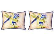 Pair of Betsy Drake Blue Dragonfly Large Indoor Outdoor Pillows 16x20