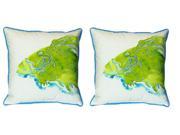 Pair of Betsy Drake Green Fish Large Indoor Outdoor Pillows 18x18