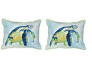 Pair of Betsy Drake Blue Sea Turtle Large Indoor Outdoor Pillows 16x20