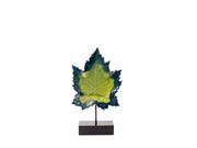 21 Inch Tall Blue and Green Ceramic Maple Leaf on Wood Stand