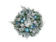 24 Flocked Blue and Silver Sequin Ornaments Artificial Pine Christmas Wreath Unlit