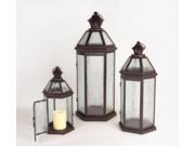 Set of 3 Brown Metal Glass Pillar Candle Lanterns 15 27.5