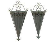 Set of 2 Antique Gray Scrolled Metal Flower Pot Wall Sconces 29