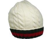 Chunky Rib Cable Knit Red Green Stripe Mens Ski Beanie Cap [Cream]