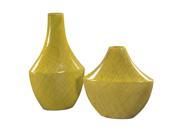 Howard Elliott Chartreuse Green Glaze Crosshatch Detail Ceramic Vases Set of 2