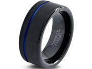 Tungsten Wedding Band Ring 8mm for Men Women Black Blue Off Set Line Pipe Cut Brushed Lifetime Guarantee
