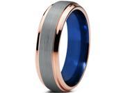 Tungsten Wedding Band Ring 6mm for Men Women Blue 18k Rose Gold Plated Beveled Edge Brushed Polished Lifetime Guarantee