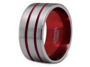 Tungsten Wedding Band Ring 12mm for Men Women Red Grey Flat Double Line Pipe Cut Brushed Polished Lifetime Guarantee