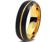 Tungsten Wedding Band Ring 6mm for Men Women Black 18K Yellow Gold Plated Center Line Dome Brushed Polished Lifetime Guarantee