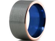 Tungsten Wedding Band Ring 12mm for Men Women Blue 18k Rose Gold Plated Flat Pipe Cut Brushed Polished Lifetime Guarantee