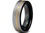 Tungsten Wedding Band Ring 4mm for Men Women Black 18K Yellow Gold Plated Center Line Pipe Cut Brushed Polished Lifetime Guarantee