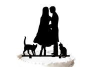 Personalized Wedding Cake Topper Silhouette Groom and Long Hair Bride with Two Cats Animals Acrylic Cake Topper Party Cake Decor