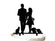 Romantic Walking Groom and Bride Taking Flowers with Pets Silhouette Wedding Cake Topper