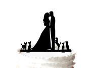 Groom and Bride Kissing Couple with Five Dogs Wedding Cake Topper Silhouette Rustic Wedding Cake Topper