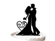 Kissing Bride and Groom Silhouette with Mr Mrs Heart Shaped Wedding Cake Topper