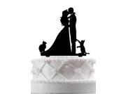 Kissing Couple with Two Cats Silhouette Wedding Cake Topper