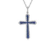 Created White and Blue Sapphire Cross Pendant Necklace 2 3 Carat ctw in Sterling Silver with Chain