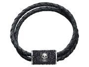 David Sigal Mens Leather Double Row Skull Bracelet with Crystals in Stainless Steel