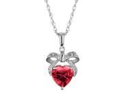 Created Ruby Bow and Heart Pendant Necklace with Diamonds 1.25 Carat ctw in Sterling Silver with Chain