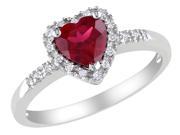 Created Ruby Heart Ring 1.10 Carat ctw with Diamonds in Sterling Silver