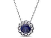 Created Blue Sapphire Halo Solitaire Pendant Necklace 1 1 4 Carat ctw in 10K White Gold With Chain