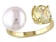 White Freshwater Cultured Pearl 10 10.5mm Ring with Lemon Quartz In Yellow Plated Sterling Silver