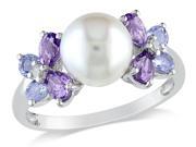 White Freshwater Cultured Pearl 8 8.5mm with Diamond and Tanzanite and Amethyst Ring In Sterling Silver