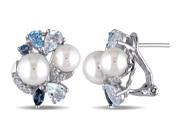 White Freshwater Cultured Pearl with Created White Sapphire Blue Topaz 3 1 2 Carat ctw cluster Earrings Sterling Sil