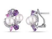 White Freshwater Cultured Pearl with Amethyst Created Pink and Created White Sapphire Cluster Earrings Sterling Silver