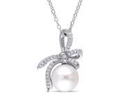 Laura Ashley White Cultured Freshwater Pearl 8 8.5mm Ribbon Pendant with Diamond 1 10 Carat ctw in Sterling Silver