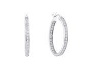 14k White Gold Round Natural Pave set Diamond Womens Inside Outside In Out Hoop Fine Earrings 1.00 Cttw